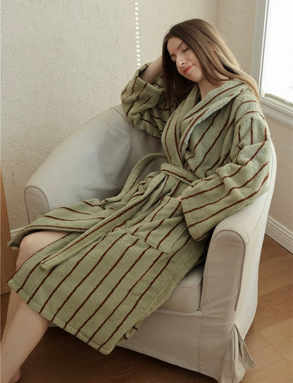 Cotton Terry Bathrobe – Unisex Striped Robe with Pockets, Soft Absorbent Home & Spa Robe