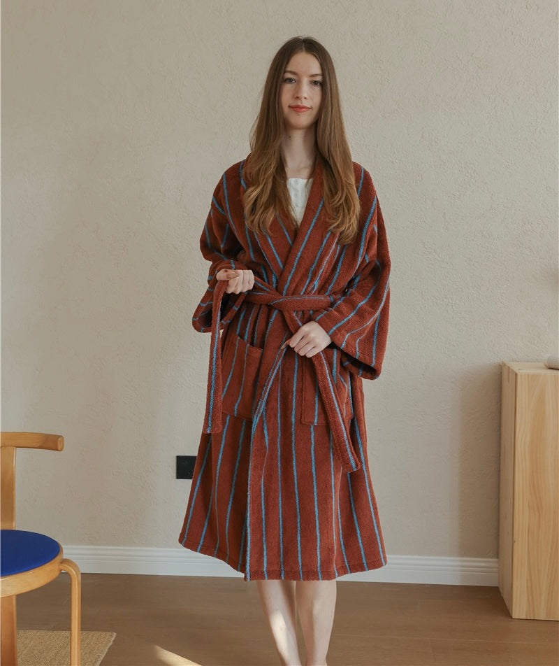 Cotton Terry Bathrobe – Unisex Striped Robe with Pockets, Soft Absorbent Home & Spa Robe