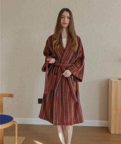Cotton Terry Bathrobe – Unisex Striped Robe with Pockets, Soft Absorbent Home & Spa Robe