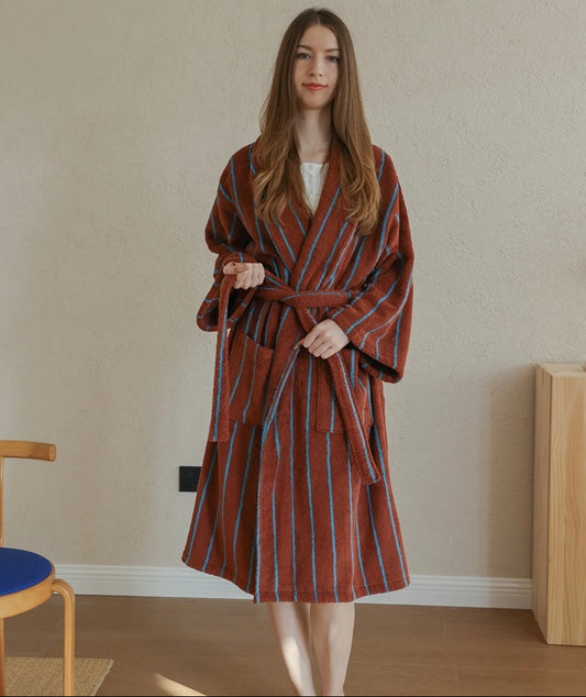 100% Cotton Terry Bathrobe – Unisex Striped Robe with Pockets, Soft Absorbent Home & Spa Robe