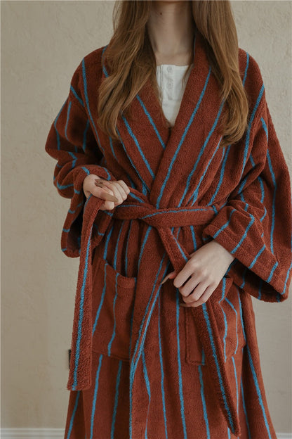 Cotton Terry Bathrobe – Unisex Striped Robe with Pockets, Soft Absorbent Home & Spa Robe