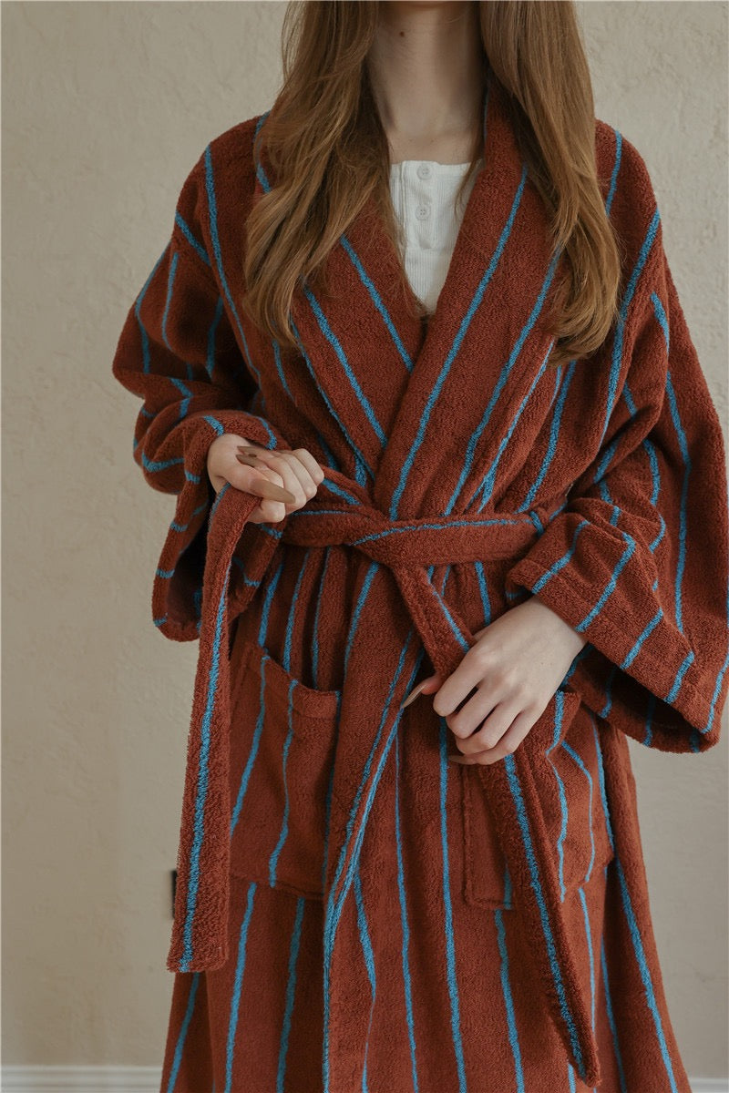 100% Cotton Terry Bathrobe – Unisex Striped Robe with Pockets, Soft Absorbent Home & Spa Rob