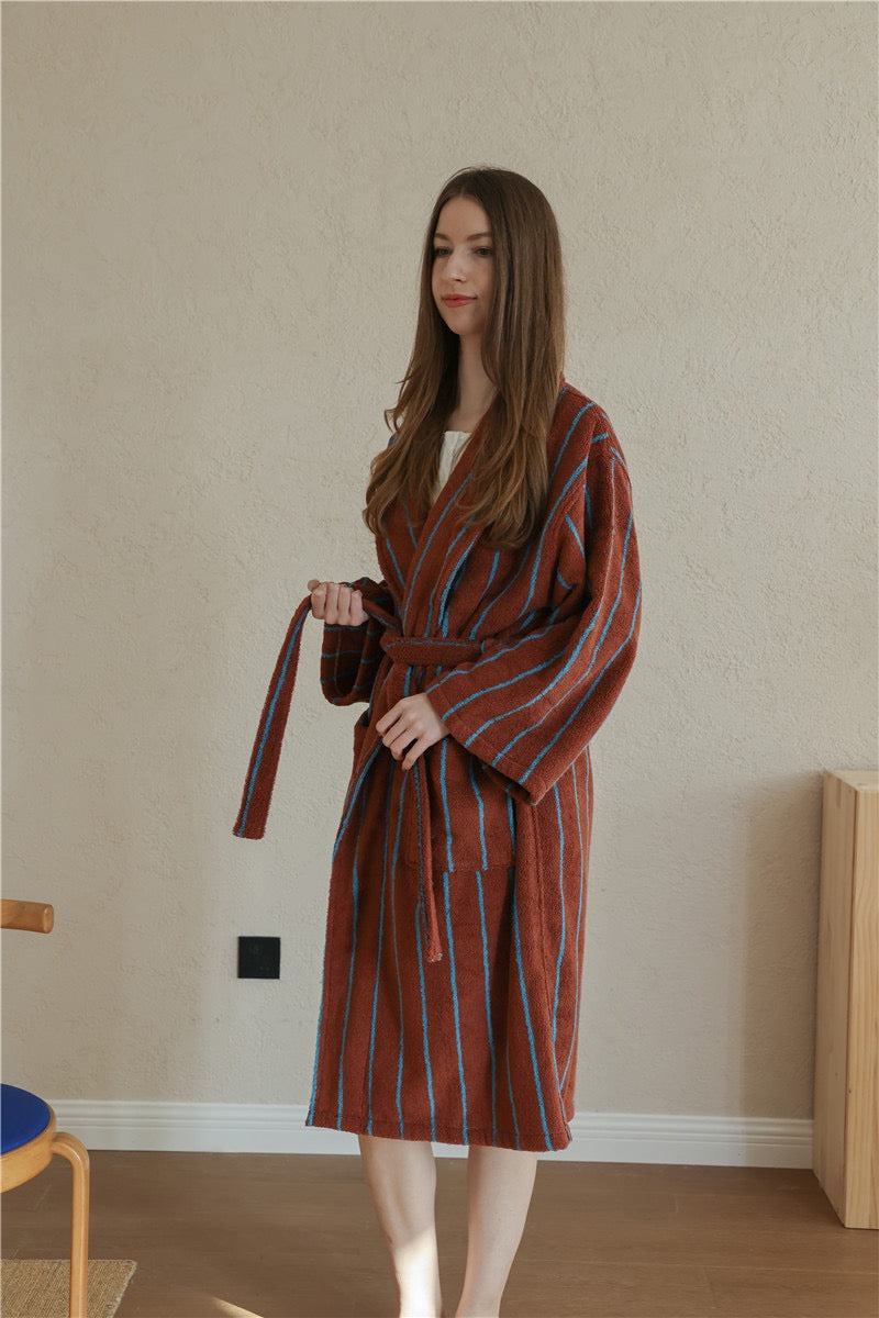 100% Cotton Terry Bathrobe – Unisex Striped Robe with Pockets, Soft Absorbent Home & Spa Robe