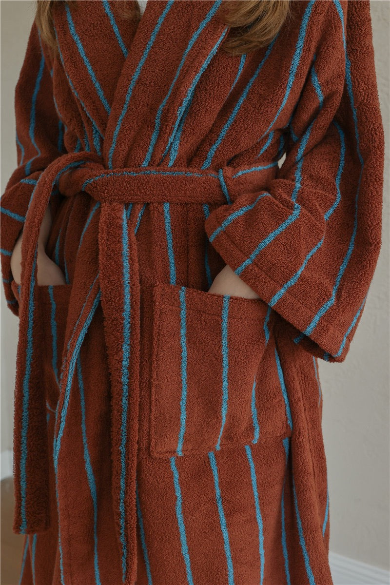 100% Cotton Terry Bathrobe – Unisex Striped Robe with Pockets, Soft Absorbent Home & Spa Robe