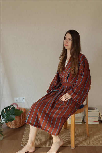 100% Cotton Terry Bathrobe – Unisex Striped Robe with Pockets, Soft Absorbent Home & Spa Robe
