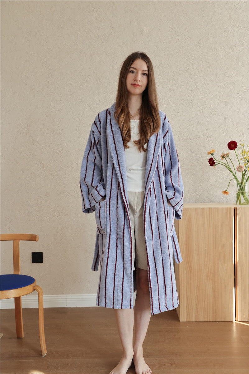 Cotton Terry Bathrobe – Unisex Striped Robe with Pockets, Soft Absorbent Home & Spa Robe