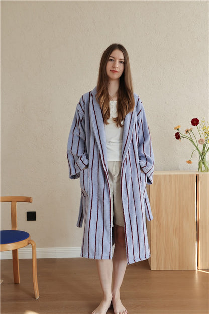 Cotton Terry Bathrobe – Unisex Striped Robe with Pockets, Soft Absorbent Home & Spa Robe