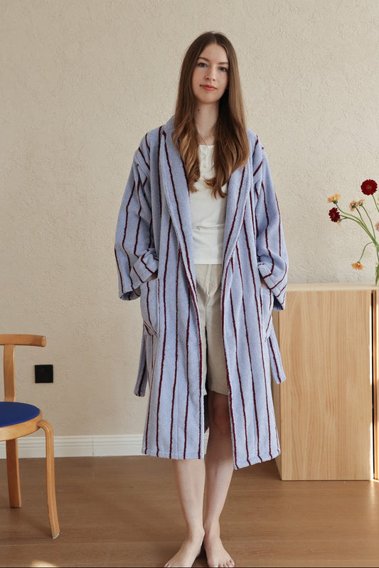 100% Cotton Terry Bathrobe – Unisex Striped Robe with Pockets, Soft Absorbent Home & Spa Rob