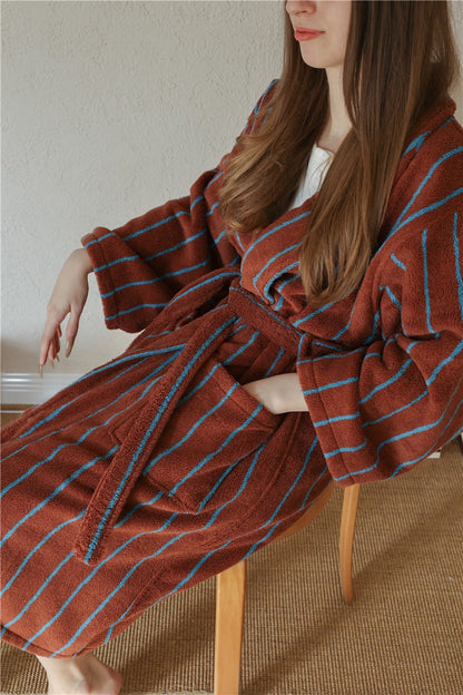 100% Cotton Terry Bathrobe – Unisex Striped Robe with Pockets, Soft Absorbent Home & Spa Robe