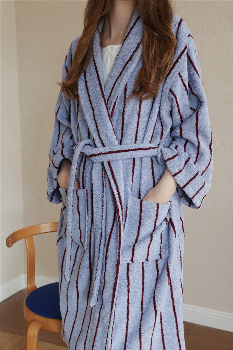 100% Cotton Terry Bathrobe – Unisex Striped Robe with Pockets, Soft Absorbent Home & Spa Rob