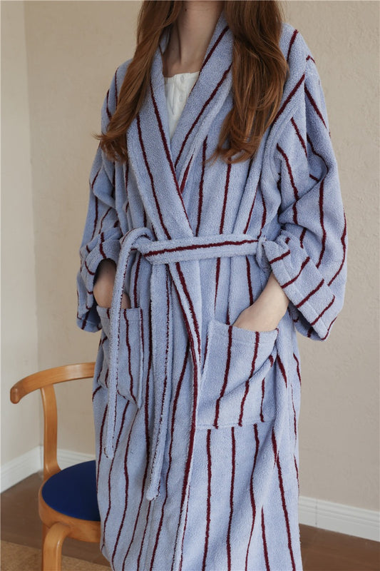 100% Cotton Terry Bathrobe – Unisex Striped Robe with Pockets, Soft Absorbent Home & Spa Robe detail view 9 from Etcozy