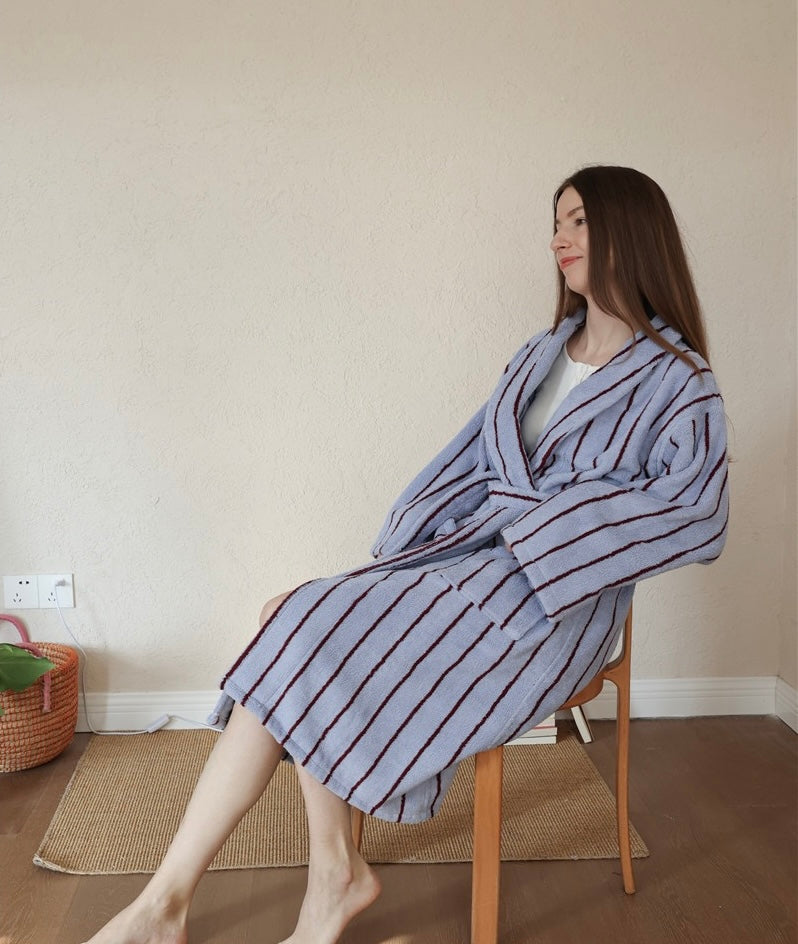 100% Cotton Terry Bathrobe – Unisex Striped Robe with Pockets, Soft Absorbent Home & Spa Rob