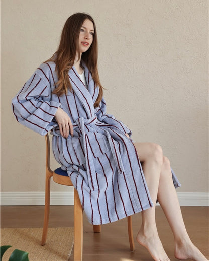 100% Cotton Terry Bathrobe – Unisex Striped Robe with Pockets, Soft Absorbent Home & Spa Rob