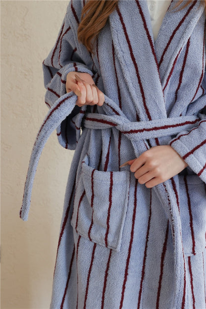 100% Cotton Terry Bathrobe – Unisex Striped Robe with Pockets, Soft Absorbent Home & Spa Rob