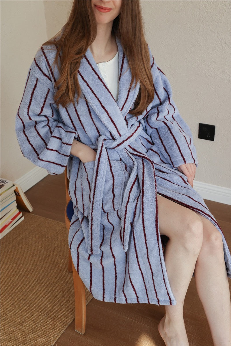 100% Cotton Terry Bathrobe – Unisex Striped Robe with Pockets, Soft Absorbent Home & Spa Rob
