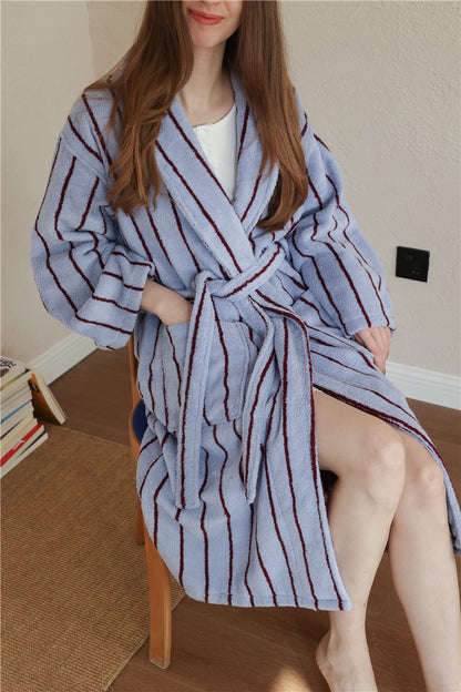100% Cotton Terry Bathrobe – Unisex Striped Robe with Pockets, Soft Absorbent Home & Spa Rob
