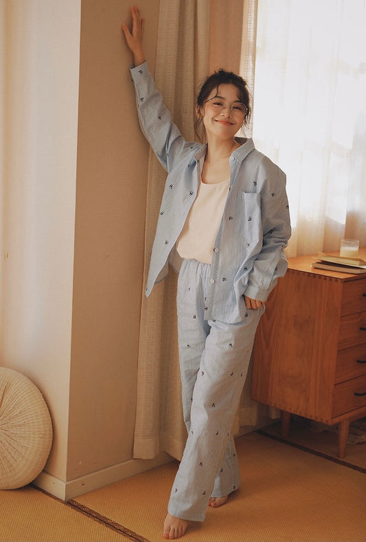 Blue Striped loungewear, Cute Panda print, Cotton pyjama set, Loungewear for trip and staycation