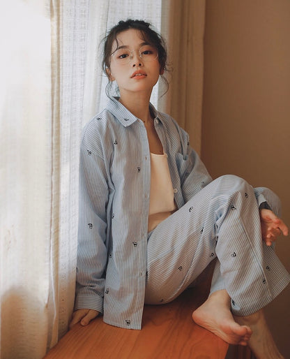 Blue Striped loungewear, Cute Panda print, Cotton pyjama set, Loungewear for trip and staycation