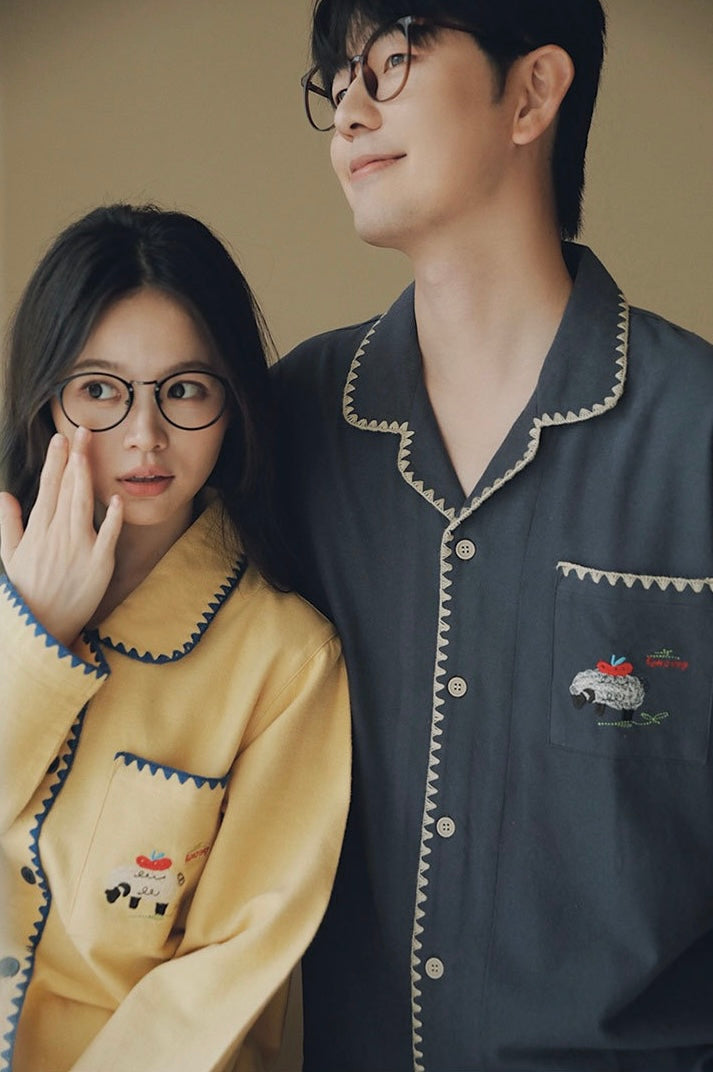 Sheep Embroidery PJs, Couples Flannel Pajamas