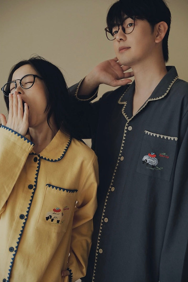 Sheep Embroidery PJs, Couples Flannel Pajamas