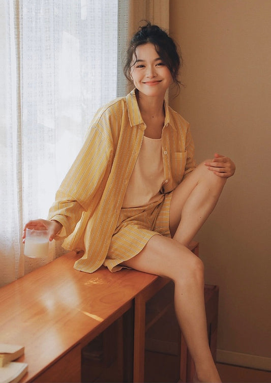 Cotton Yellow Striped loungewear, Pajamas Party
