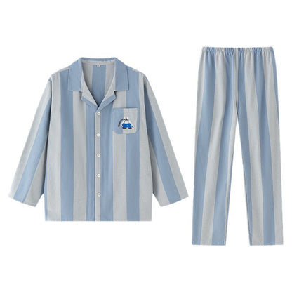 Funny Hippo EMB matching pajamas, Sky Blue striped Couple Pajymas, Cartoon PJS, 100% cotton PJS,