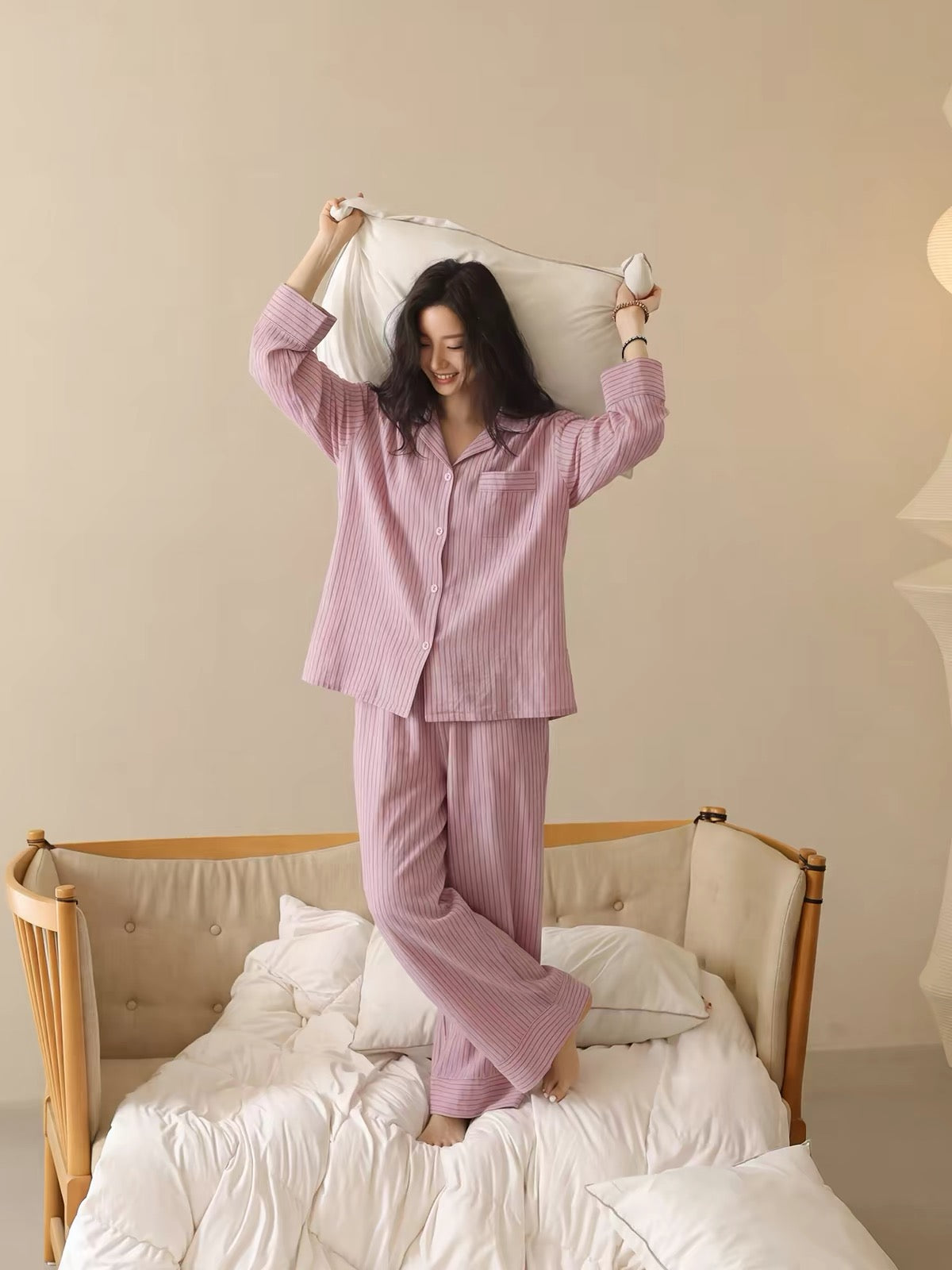 Pink Striped Double Gauze Sleepwear,  Women's Cotton Gauze Pajama Set