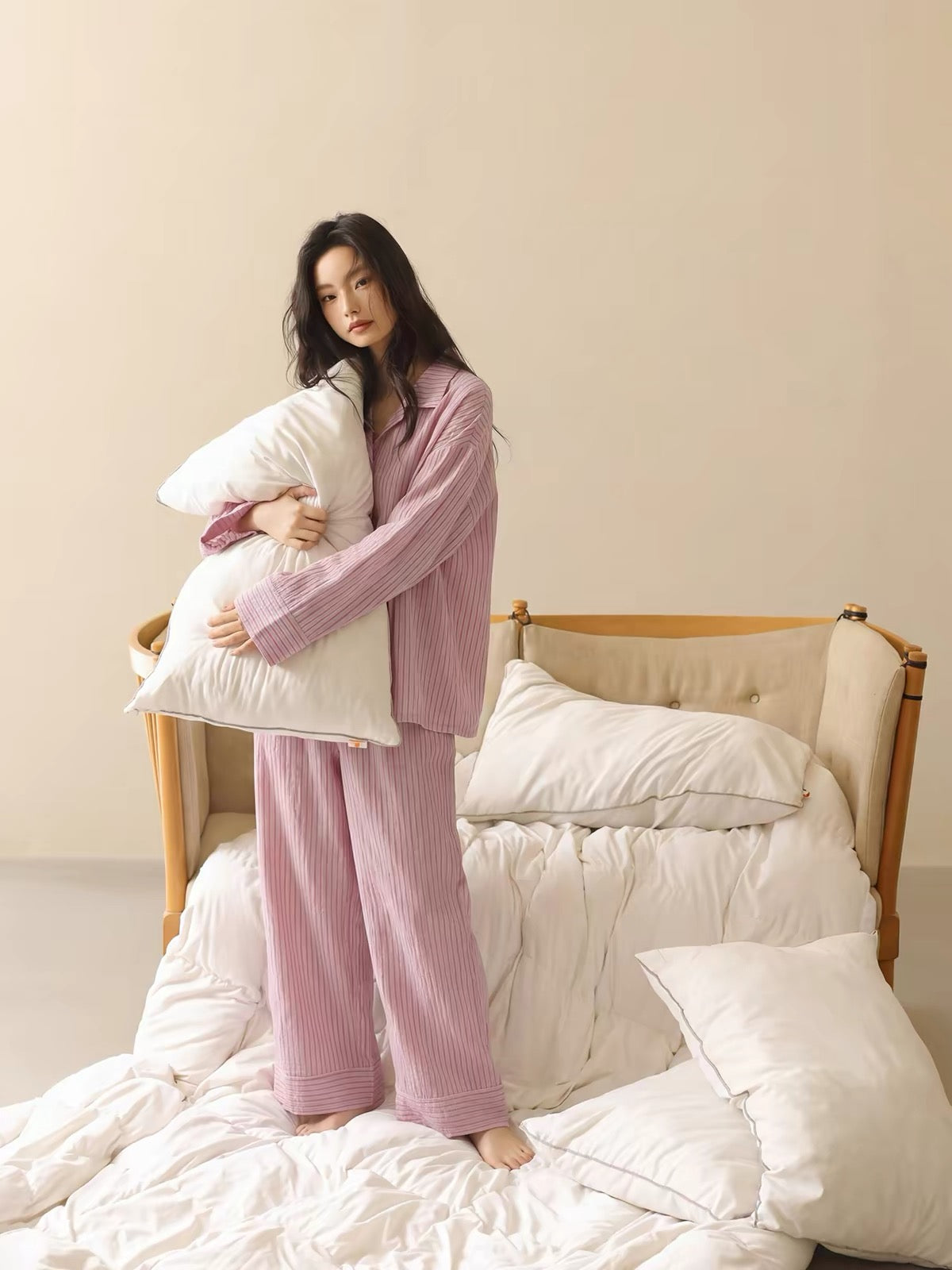 Pink Striped Double Gauze Sleepwear,  Women's Cotton Gauze Pajama Set