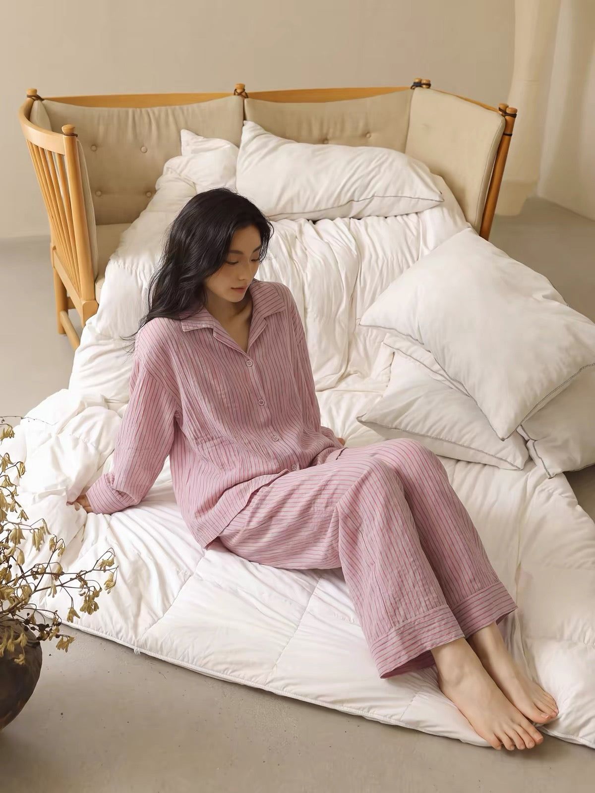 Pink Striped Double Gauze Sleepwear,  Women's Cotton Gauze Pajama Set