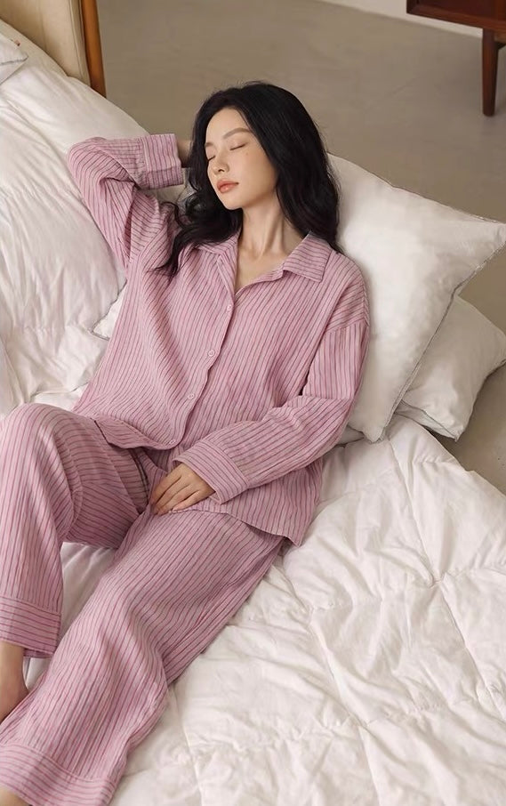 Pink Striped Double Gauze Sleepwear,  Women's Cotton Gauze Pajama Set