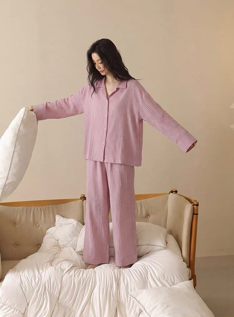 Pink Striped Double Gauze Sleepwear,  Women's Cotton Gauze Pajama Set