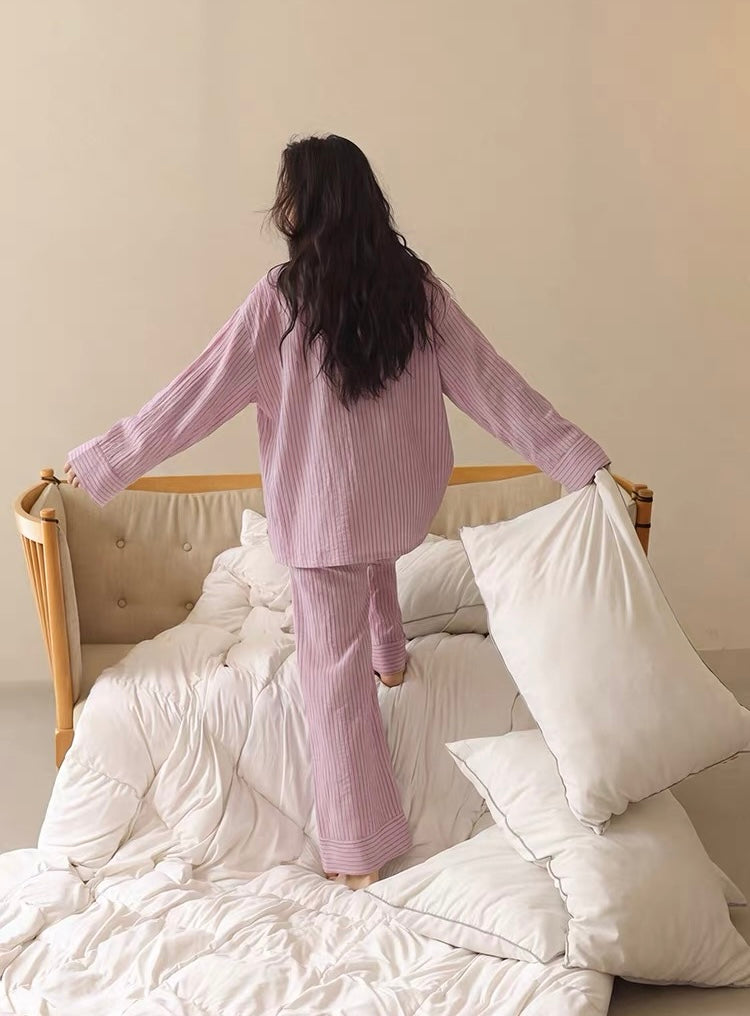 Pink Striped Double Gauze Sleepwear,  Women's Cotton Gauze Pajama Set