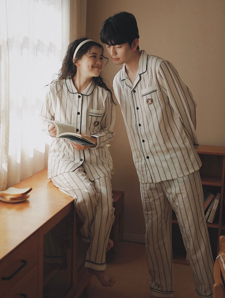 Cute Puppy EMB matching pajamas, Beige Couple Pajymas, Spring loungewear, 100% cotton PJS