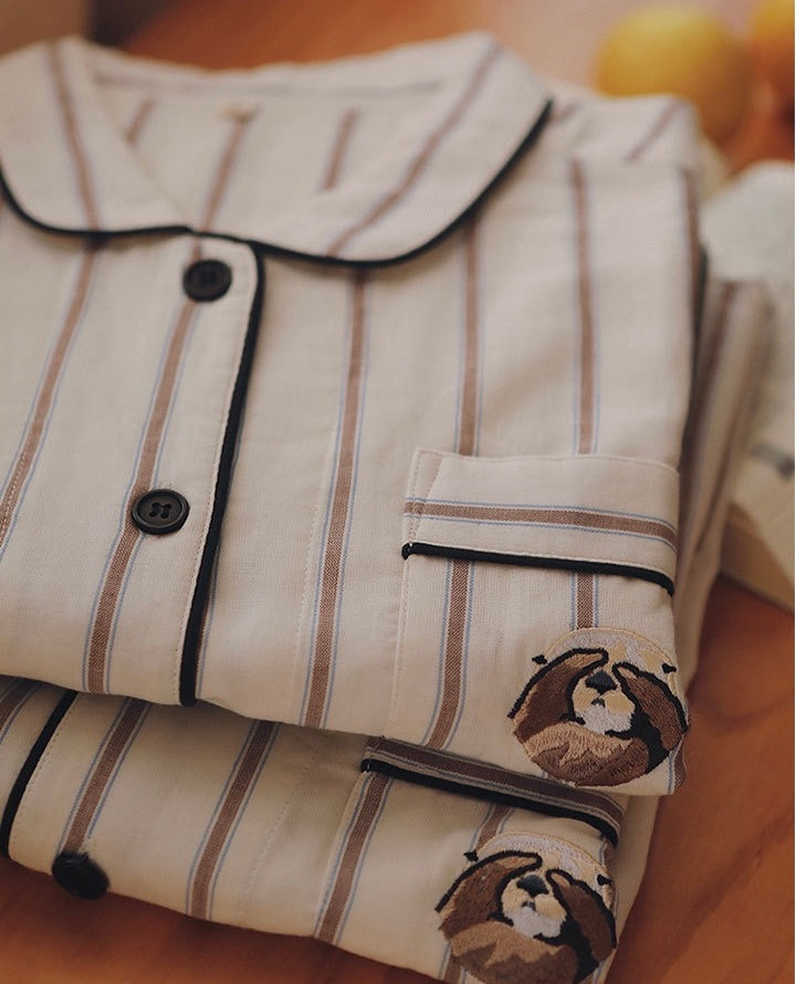 Cute Puppy EMB matching pajamas, Beige Couple Pajymas, Spring loungewear, 100% cotton PJS