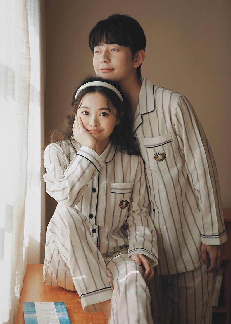 Cute Puppy EMB matching pajamas, Beige Couple Pajymas, Spring loungewear, 100% cotton PJS