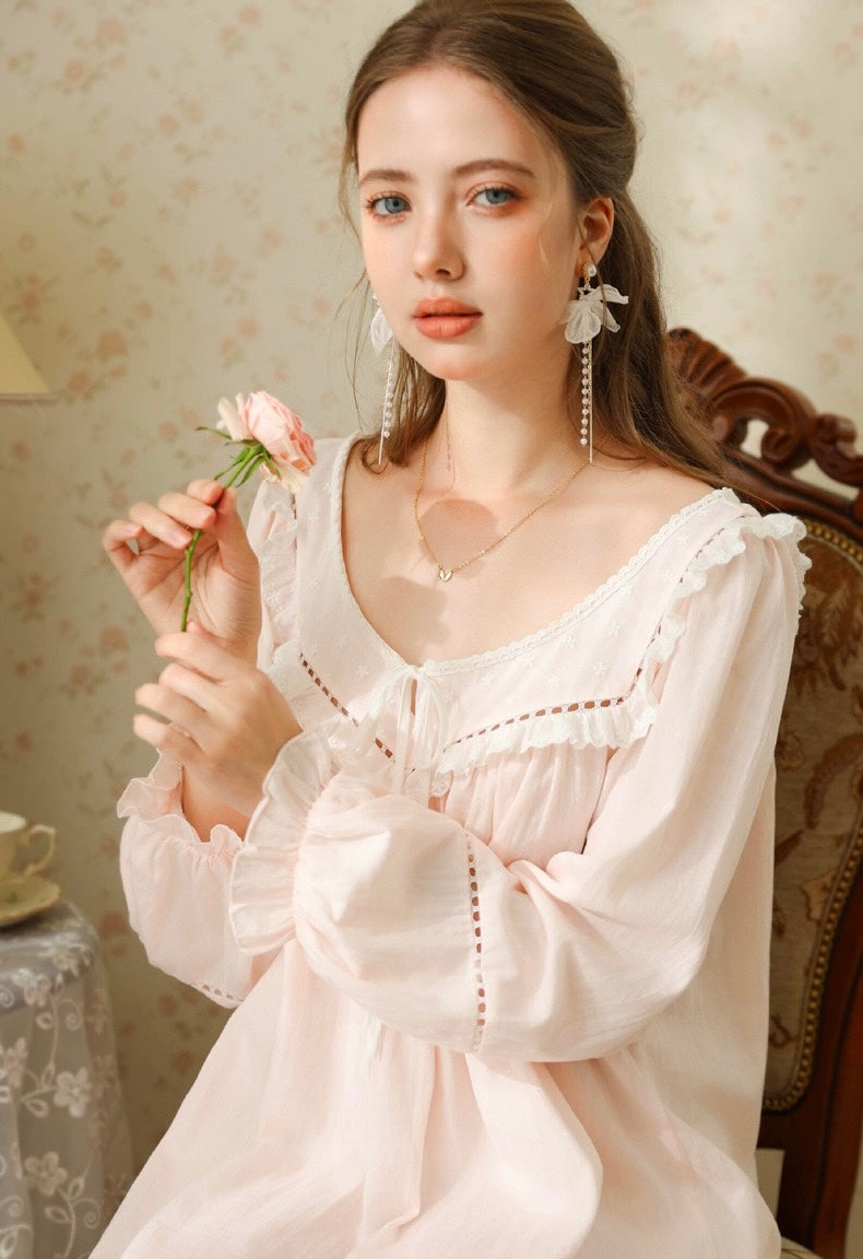 Vintage Cotton Nightgown Long Sleeve, Cottagecore Loungewear Dress detail view 6 from Etcozy