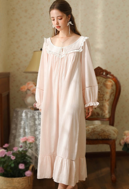 Vintage Cotton Nightgown Long Sleeve, Cottagecore Loungewear Dress