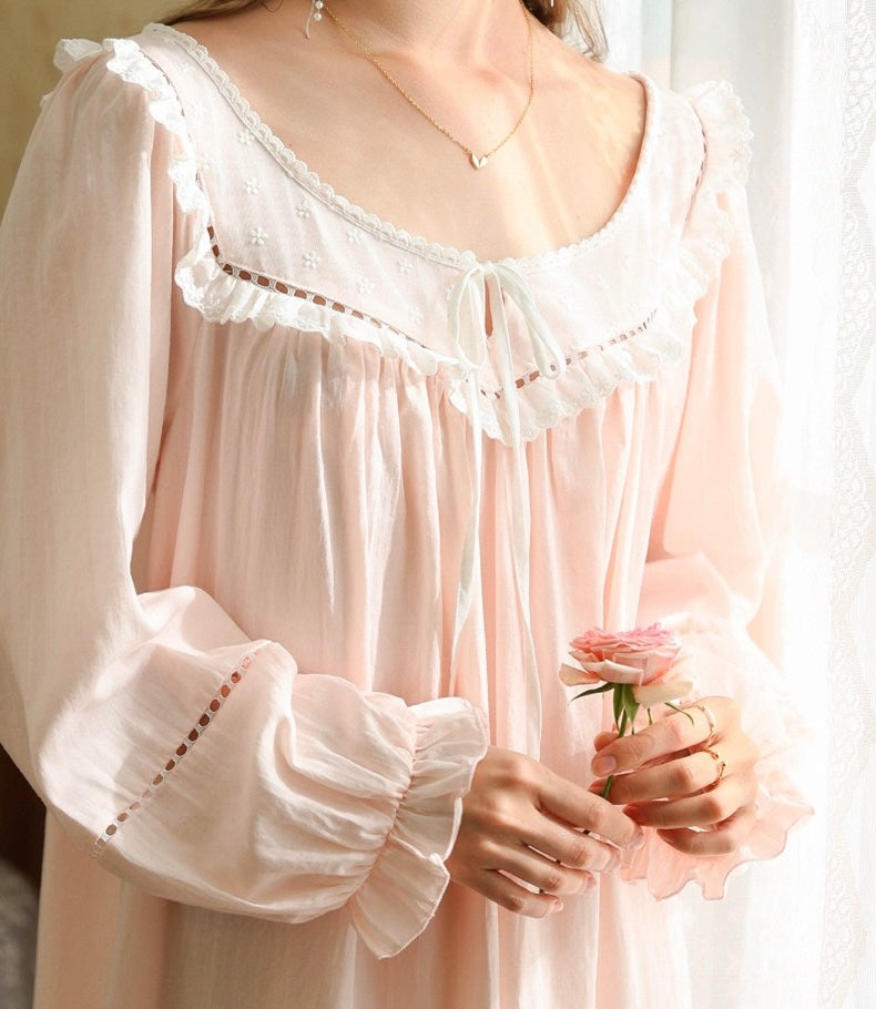 Vintage Cotton Nightgown Long Sleeve, Cottagecore Loungewear Dress detail view 7 from Etcozy