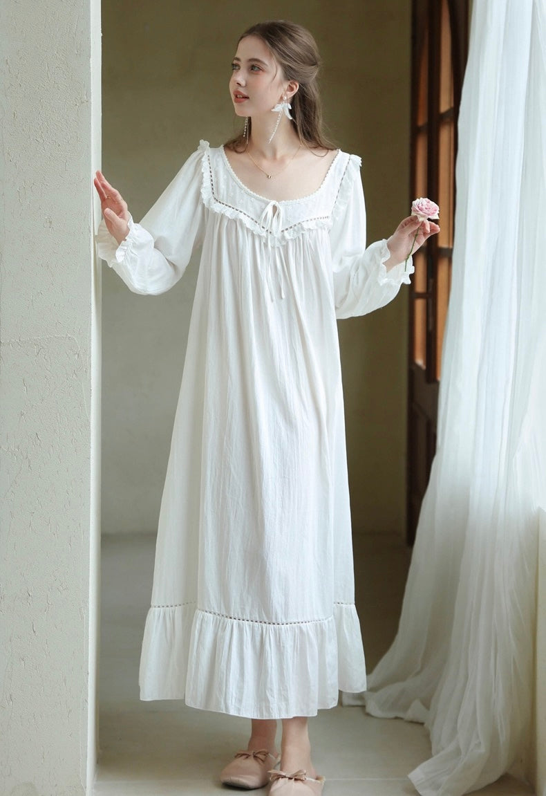 Cottagecore Loungewear Dress, vintage maxi long sleeve nightgown detail view 3 from Etcozy