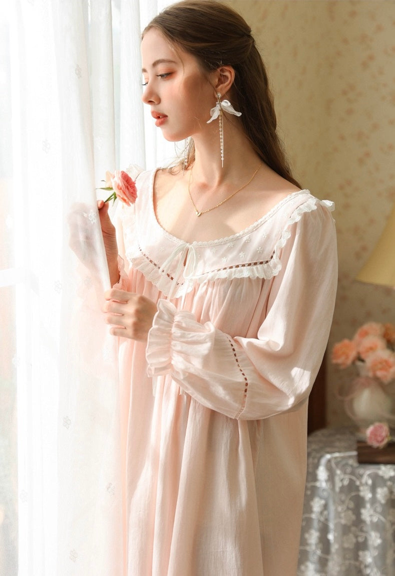 Vintage Cotton Nightgown Long Sleeve, Cottagecore Loungewear Dress detail view 8 from Etcozy