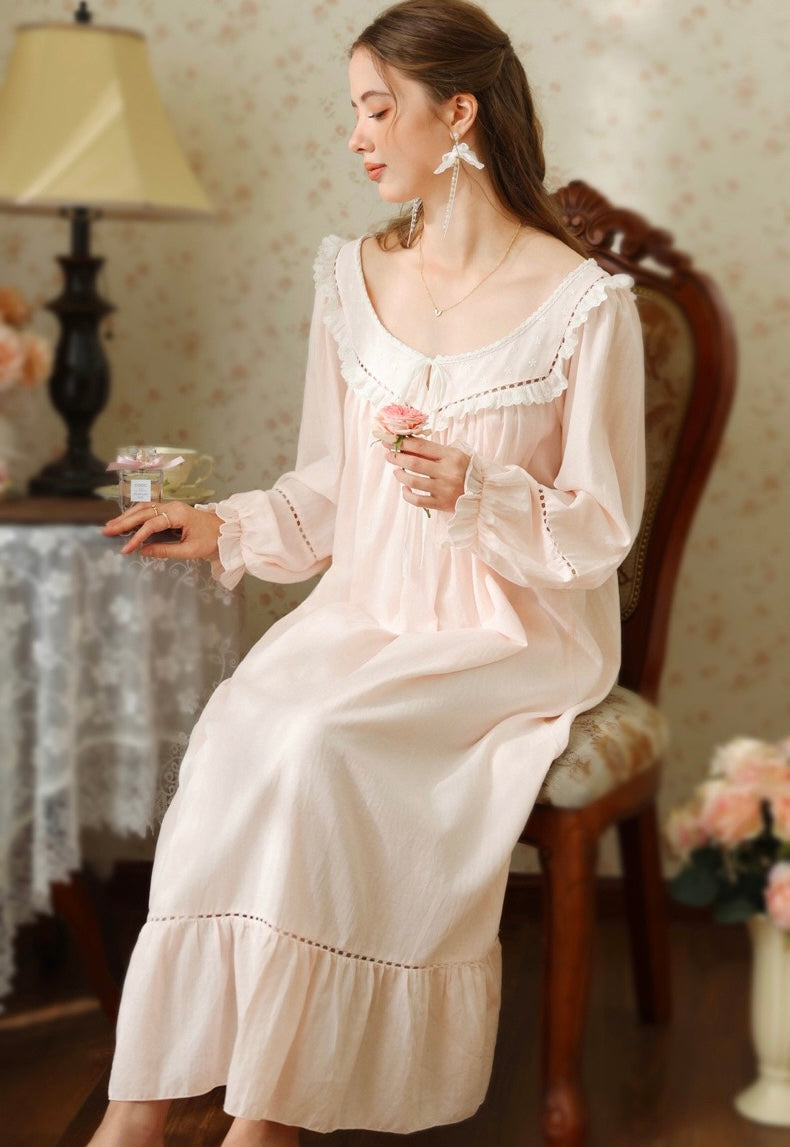 Vintage Cotton Nightgown Long Sleeve, Cottagecore Loungewear Dress detail view 9 from Etcozy