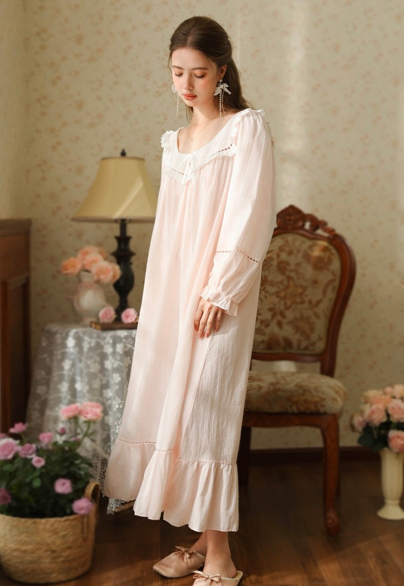 Vintage Cotton Nightgown Long Sleeve, Cottagecore Loungewear Dress detail view 2 from Etcozy