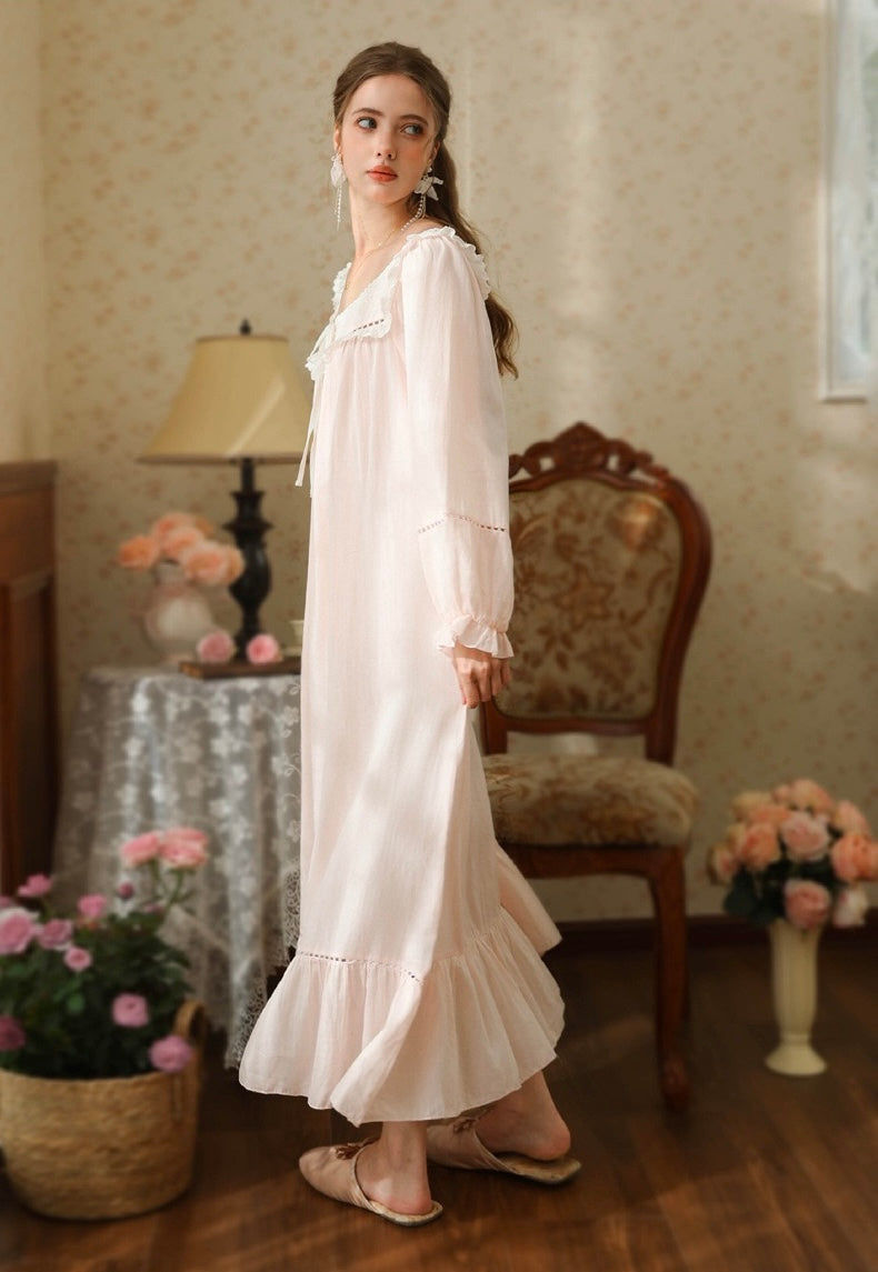 Vintage Cotton Nightgown Long Sleeve, Cottagecore Loungewear Dress detail view 3 from Etcozy