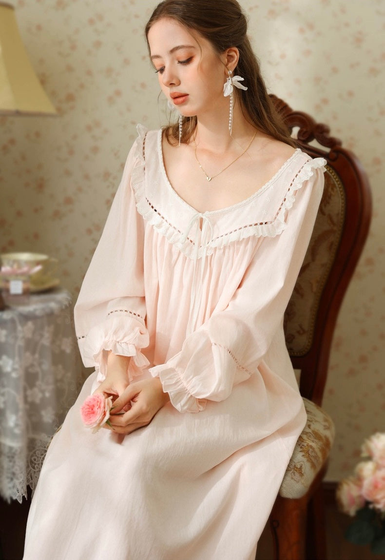 Vintage Cotton Nightgown Long Sleeve, Cottagecore Loungewear Dress detail view 10 from Etcozy
