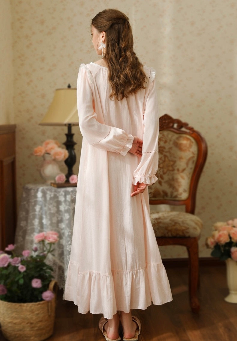 Vintage Cotton Nightgown Long Sleeve, Cottagecore Loungewear Dress detail view 4 from Etcozy