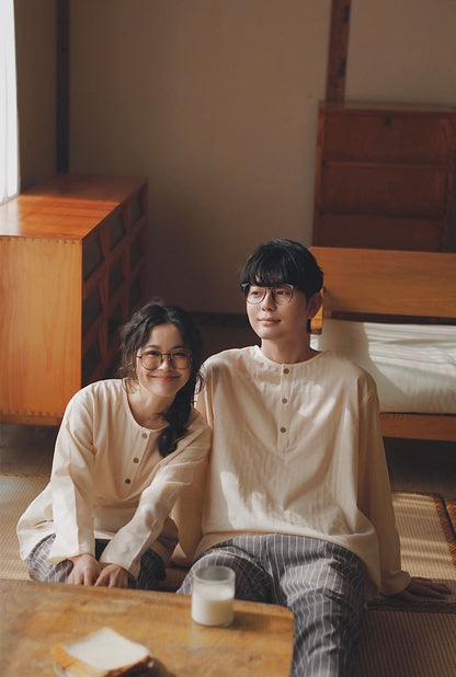 Minimalist Couple Cotton Pajamas Set, Long Sleeve Matching Sleepwear