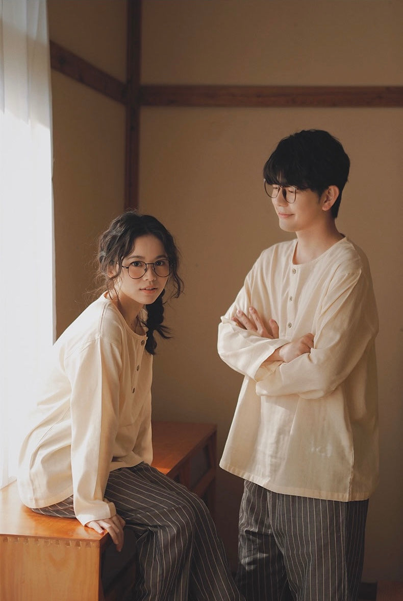Minimalist Couple Cotton Pajamas Set, Long Sleeve Matching Sleepwear