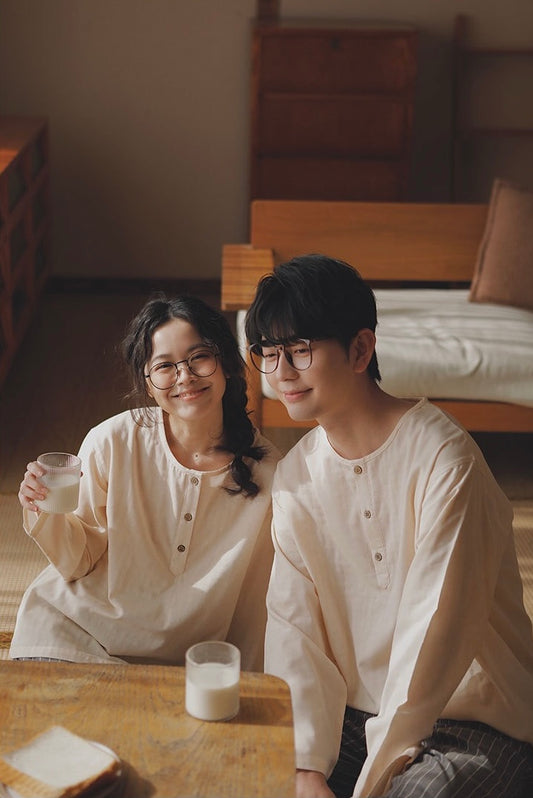 Minimalist Couple Cotton Pajamas Set, Long Sleeve Matching Sleepwear
