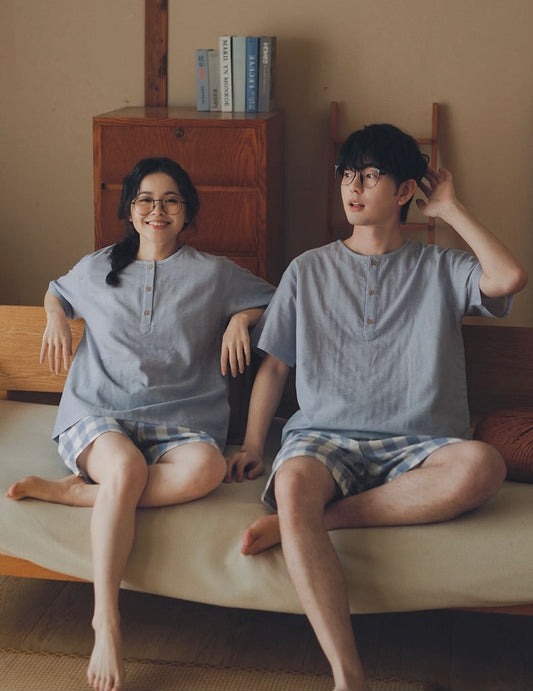Matching Cotton Gauze Couple Pajama Set | Sky Blue Breathable Summer Sleepwear
