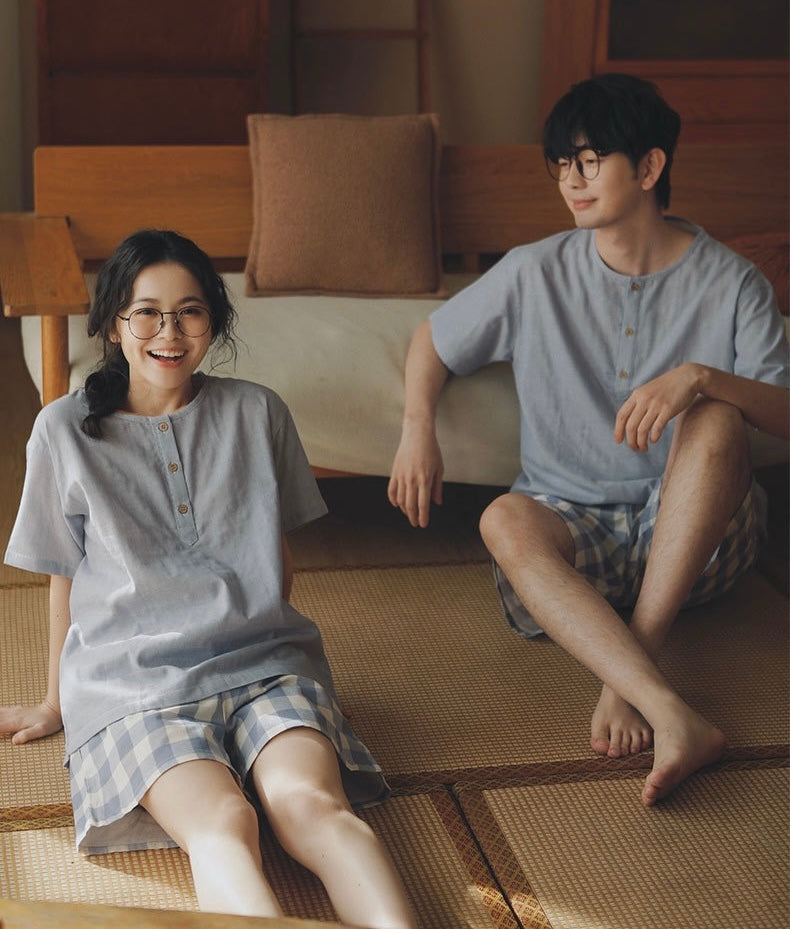 Matching Cotton Gauze Couple Pajama Set | Sky Blue Breathable Summer Sleepwear